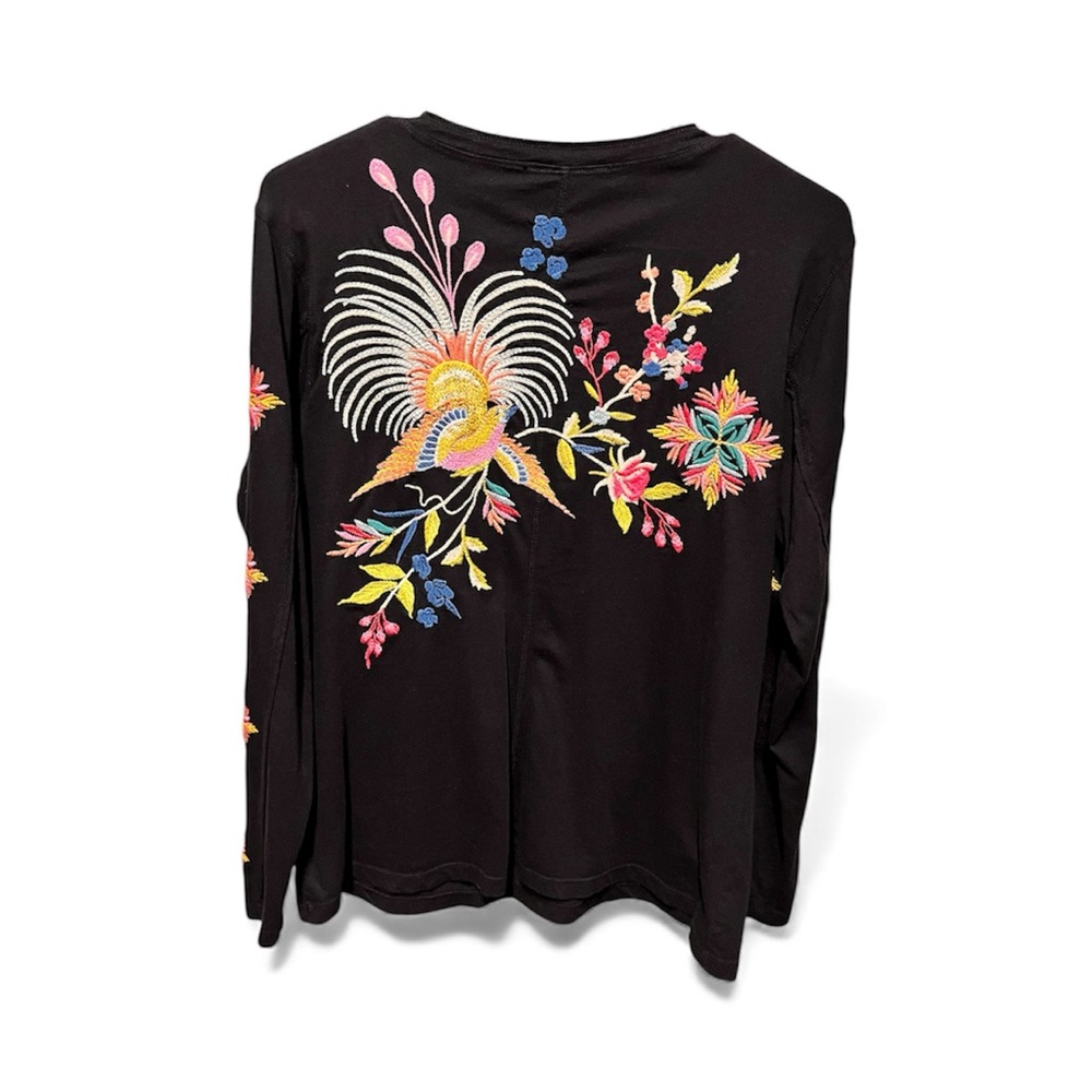Johnny Was Julie Raw Seam Henley Top Black Floral Embroidered Small - Picture 8 of 11